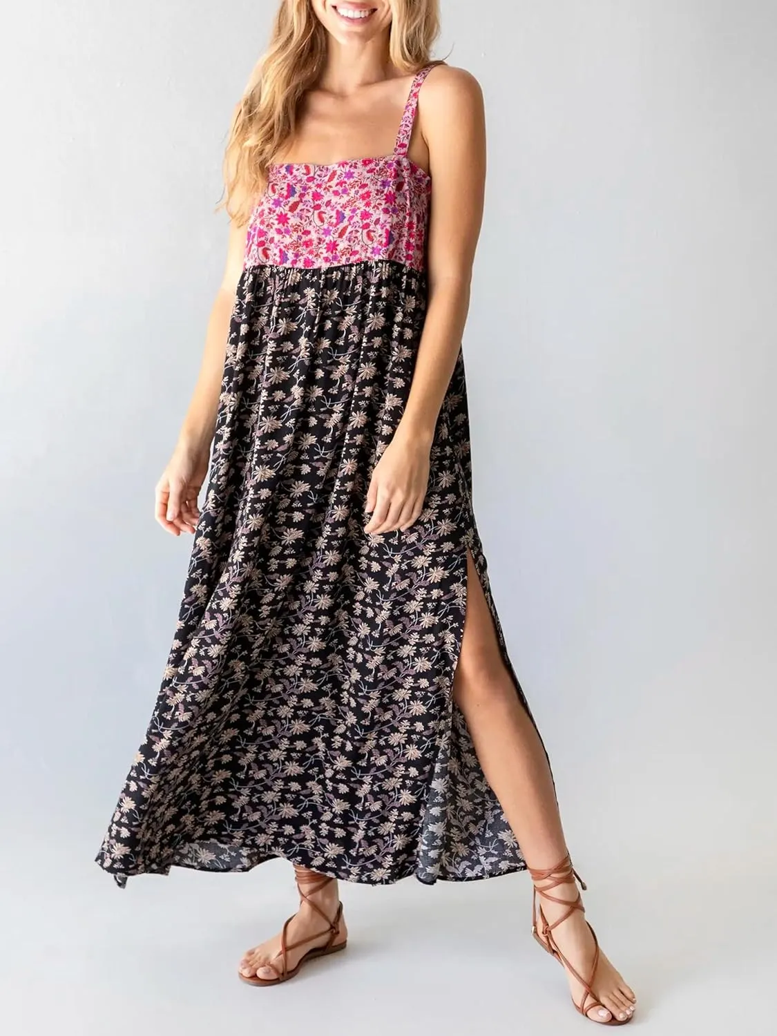 Women Vintage Spaghetti Strap Maxi Dress Floral Print Loose Cami Long Dress Boho Flowy Sundress