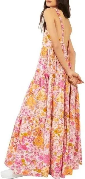 Women Vintage Spaghetti Strap Maxi Dress Floral Print Loose Cami Long Dress Boho Flowy Sundress