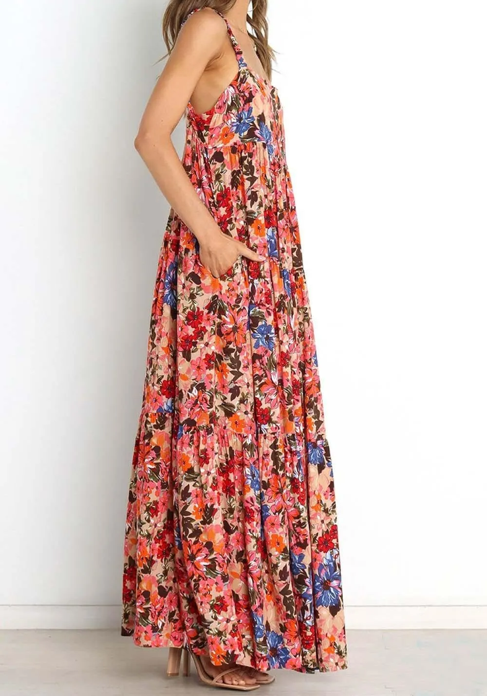 Women Vintage Spaghetti Strap Maxi Dress Floral Print Loose Cami Long Dress Boho Flowy Sundress