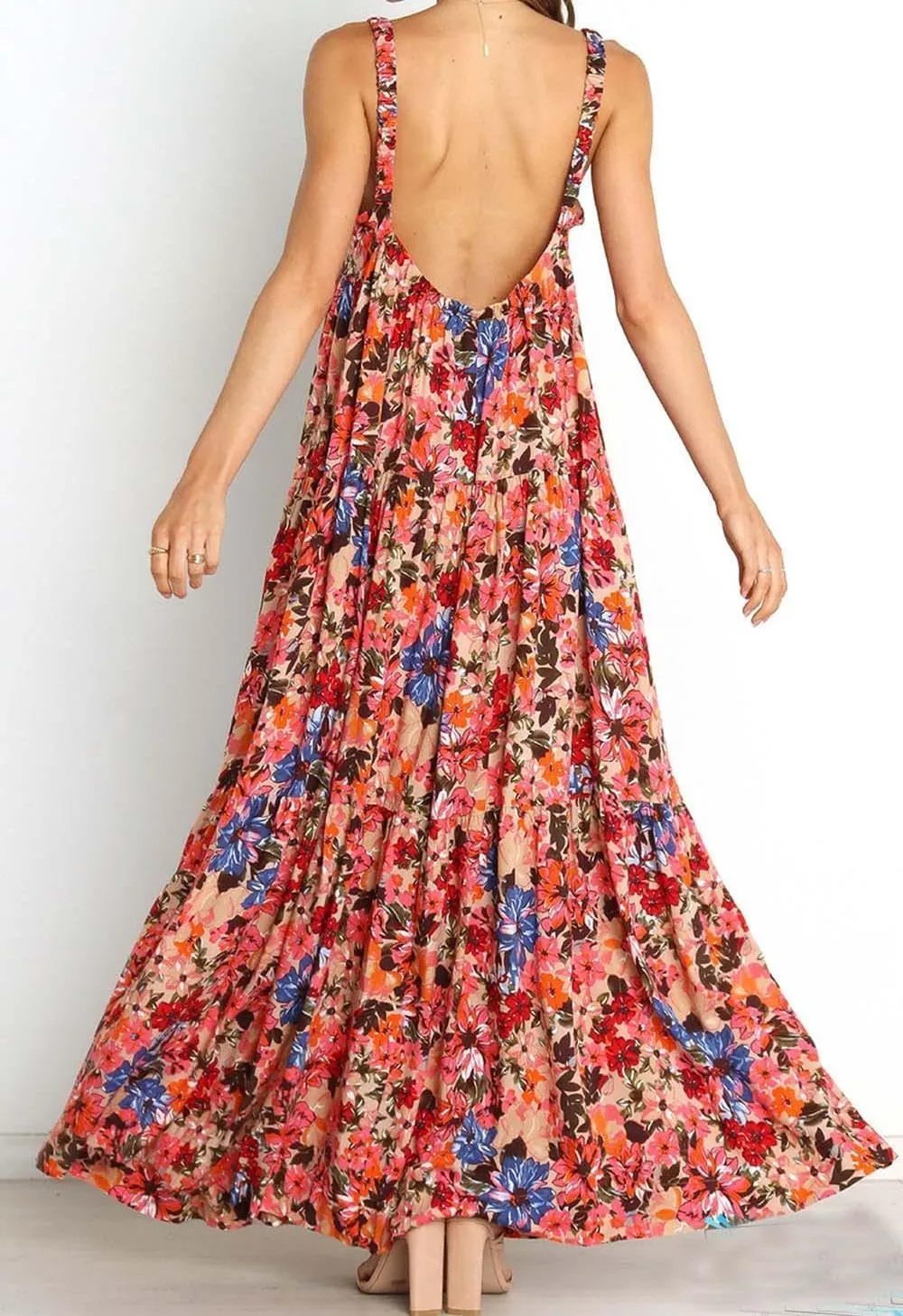 Women Vintage Spaghetti Strap Maxi Dress Floral Print Loose Cami Long Dress Boho Flowy Sundress