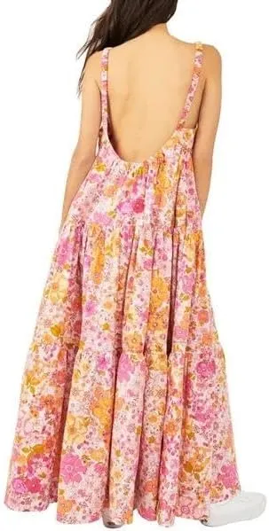 Women Vintage Spaghetti Strap Maxi Dress Floral Print Loose Cami Long Dress Boho Flowy Sundress