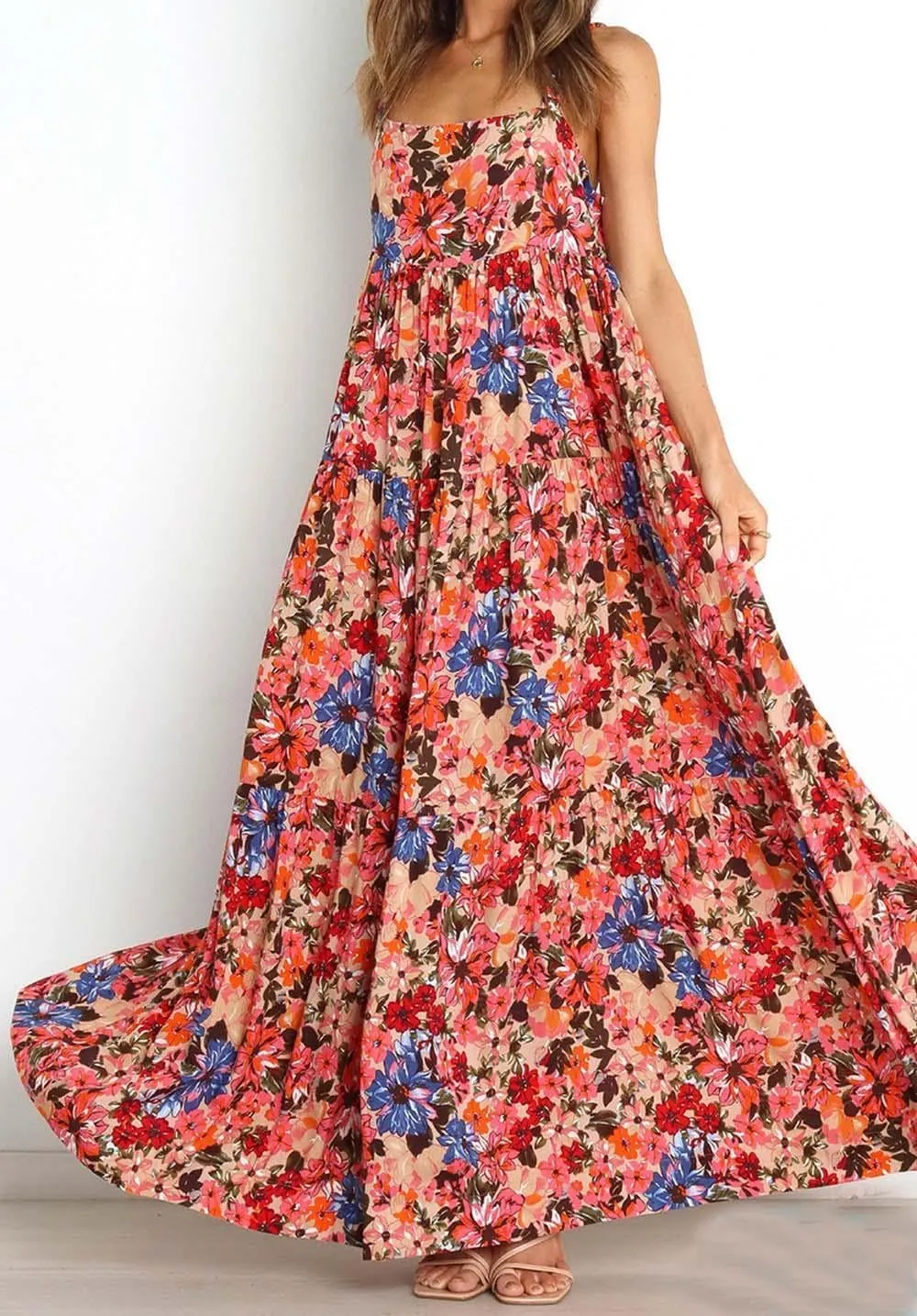 Women Vintage Spaghetti Strap Maxi Dress Floral Print Loose Cami Long Dress Boho Flowy Sundress