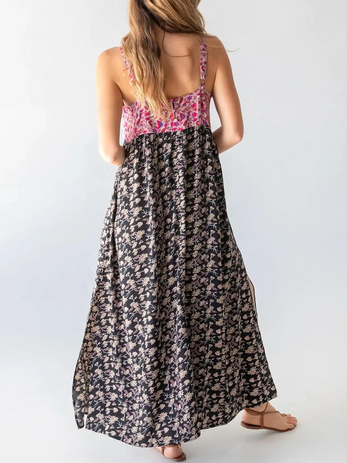 Women Vintage Spaghetti Strap Maxi Dress Floral Print Loose Cami Long Dress Boho Flowy Sundress