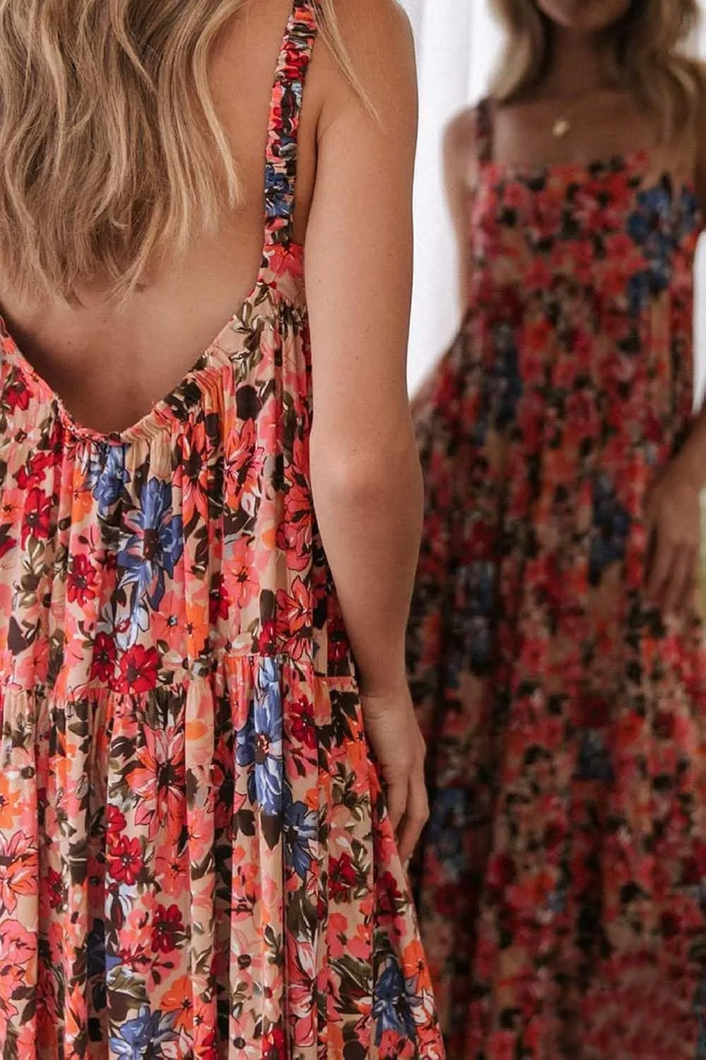Women Vintage Spaghetti Strap Maxi Dress Floral Print Loose Cami Long Dress Boho Flowy Sundress