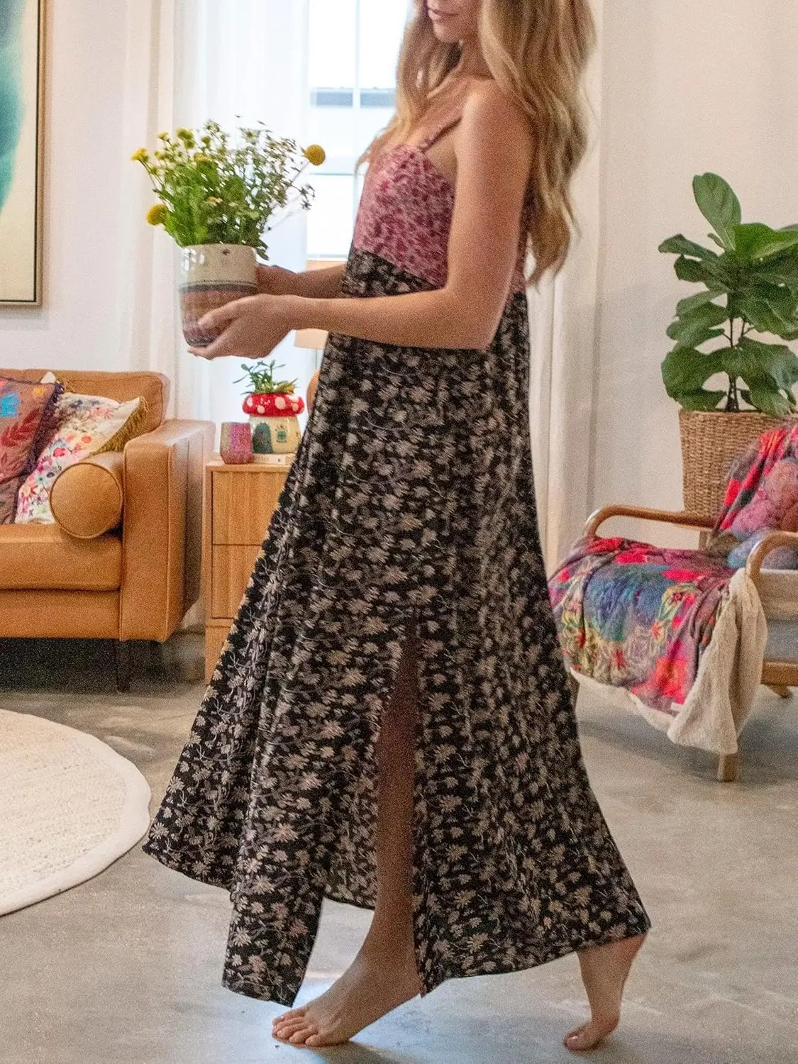 Women Vintage Spaghetti Strap Maxi Dress Floral Print Loose Cami Long Dress Boho Flowy Sundress