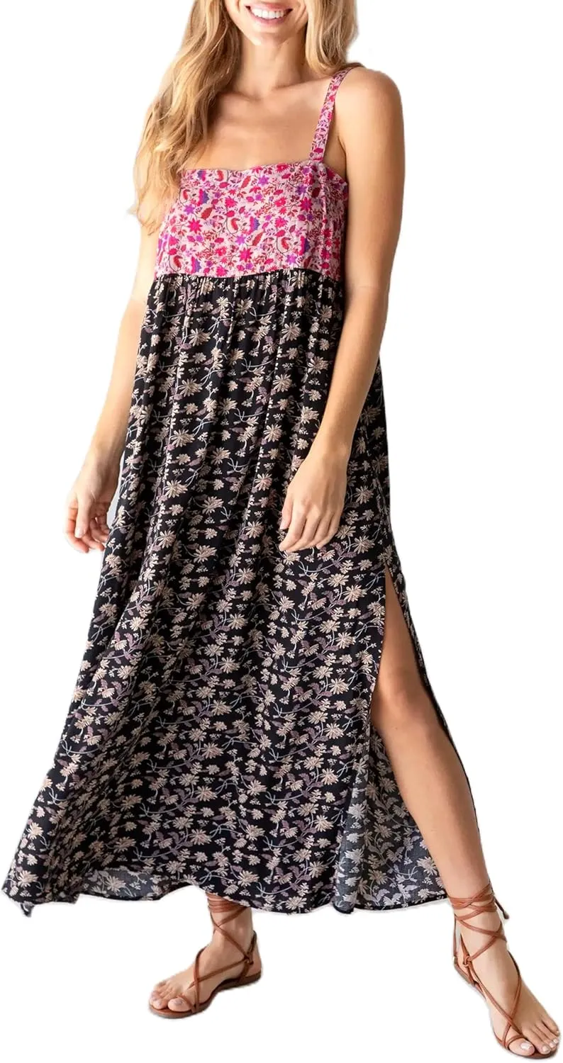 Women Vintage Spaghetti Strap Maxi Dress Floral Print Loose Cami Long Dress Boho Flowy Sundress
