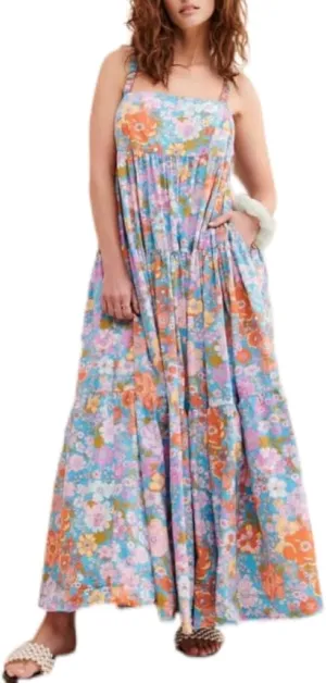 Women Vintage Spaghetti Strap Maxi Dress Floral Print Loose Cami Long Dress Boho Flowy Sundress
