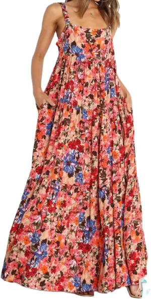 Women Vintage Spaghetti Strap Maxi Dress Floral Print Loose Cami Long Dress Boho Flowy Sundress