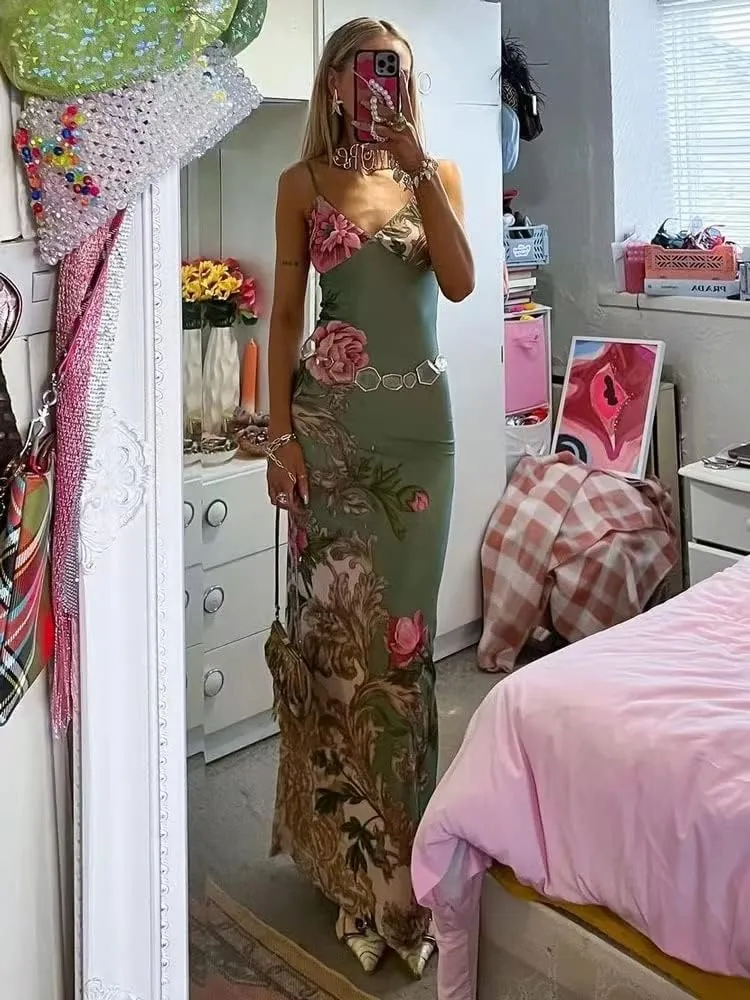 Women Vintage Spaghetti Strap Maxi Dress Sexy Low Cut Backless Floral Satin Slip Long Dress Y2k Cami Bodycon Dresses