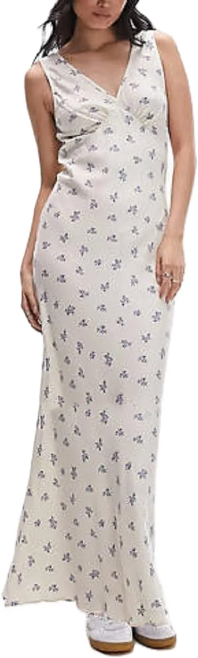 Women Y2k Vintage Printed Maxi Dress Spaghetti Strap Floral Midi Slip Dress Backless Long Flowy Sundress