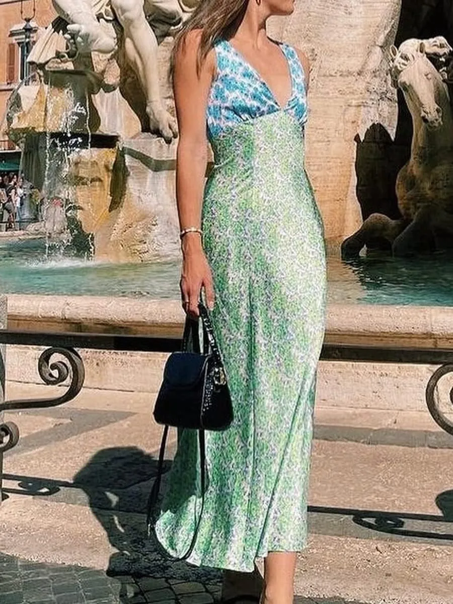 Women Y2k Vintage Printed Maxi Dress Spaghetti Strap Floral Midi Slip Dress Backless Long Flowy Sundress
