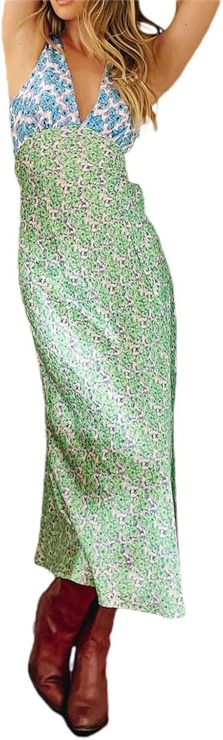 Women Y2k Vintage Printed Maxi Dress Spaghetti Strap Floral Midi Slip Dress Backless Long Flowy Sundress