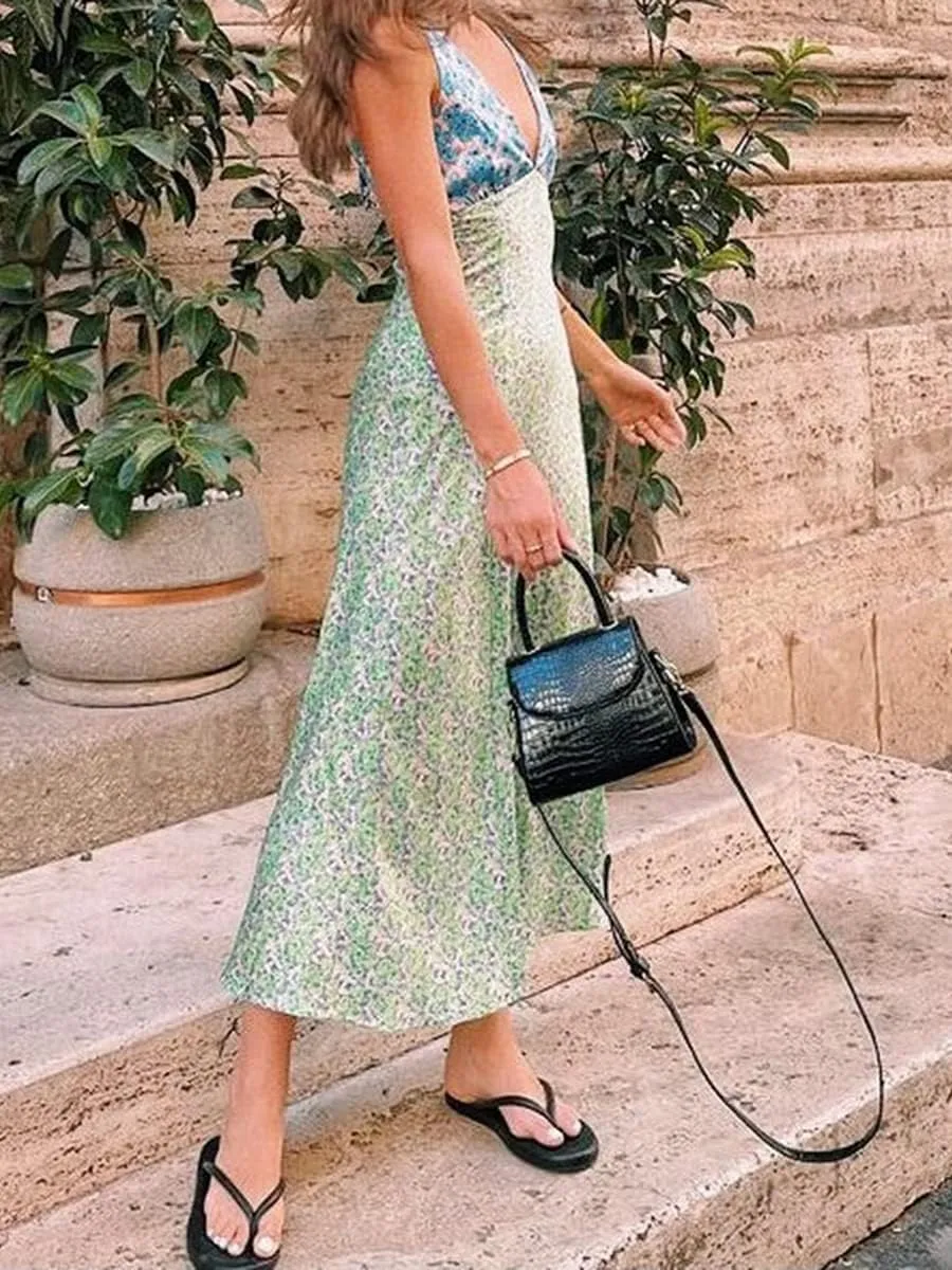 Women Y2k Vintage Printed Maxi Dress Spaghetti Strap Floral Midi Slip Dress Backless Long Flowy Sundress