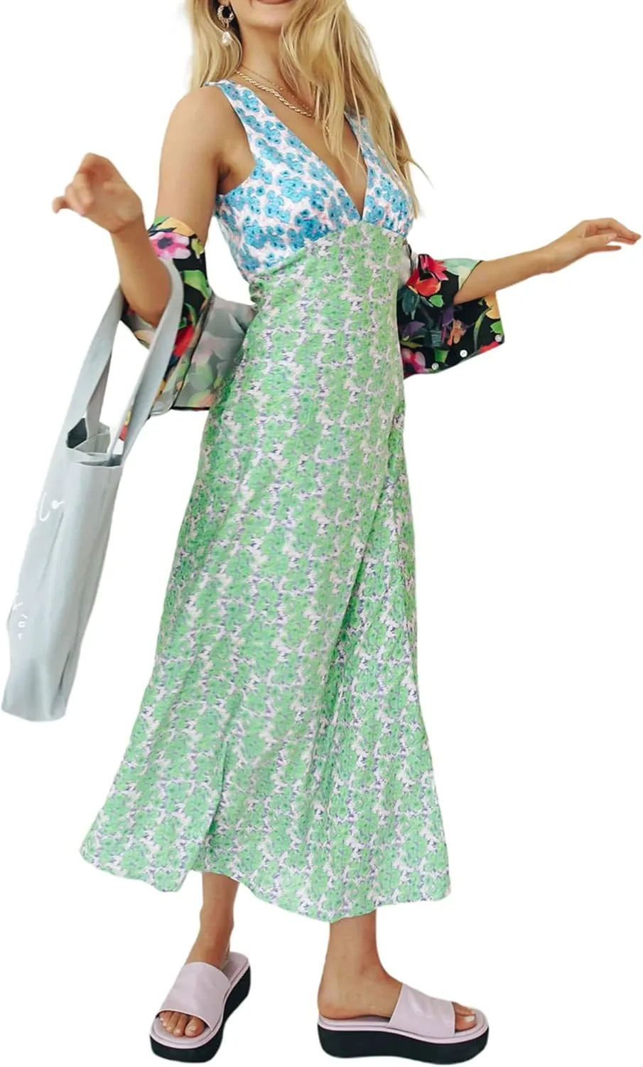 Women Y2k Vintage Printed Maxi Dress Spaghetti Strap Floral Midi Slip Dress Backless Long Flowy Sundress