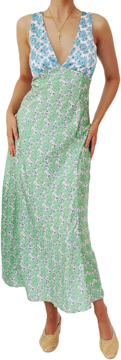 Women Y2k Vintage Printed Maxi Dress Spaghetti Strap Floral Midi Slip Dress Backless Long Flowy Sundress