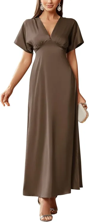 Women's 2025 Satin Dress Elegant Deep V Neck Flutter Sleeve A-Line Gown Cocktail Party Maxi Dresses