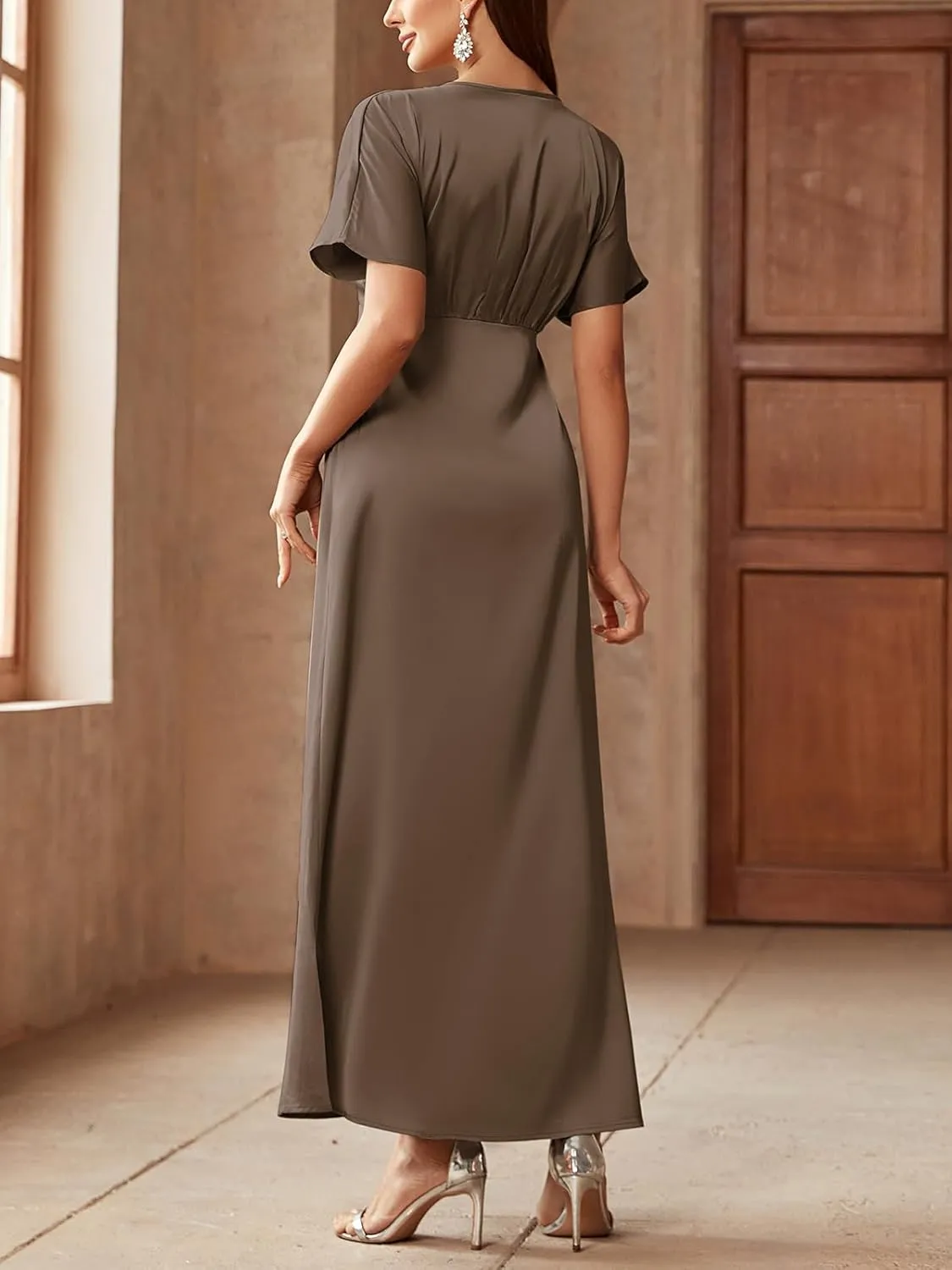 Women's 2025 Satin Dress Elegant Deep V Neck Flutter Sleeve A-Line Gown Cocktail Party Maxi Dresses