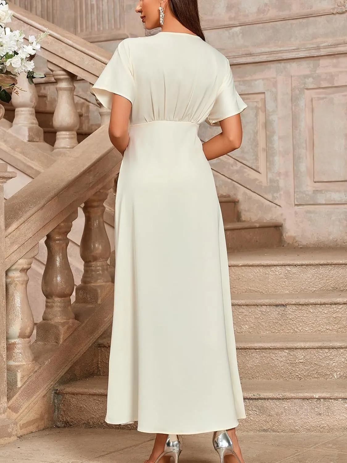 Women's 2025 Satin Dress Elegant Deep V Neck Flutter Sleeve A-Line Gown Cocktail Party Maxi Dresses