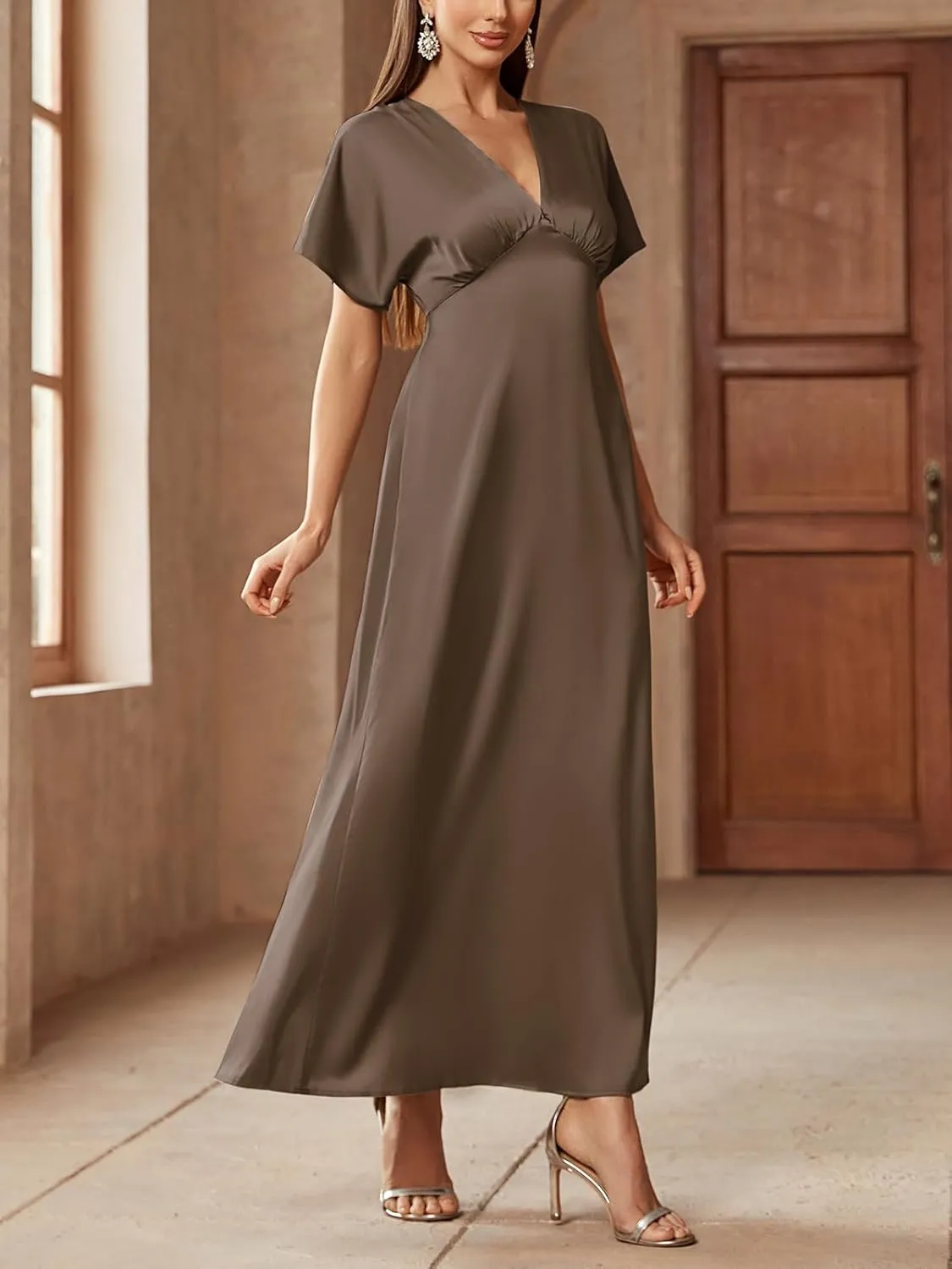 Women's 2025 Satin Dress Elegant Deep V Neck Flutter Sleeve A-Line Gown Cocktail Party Maxi Dresses