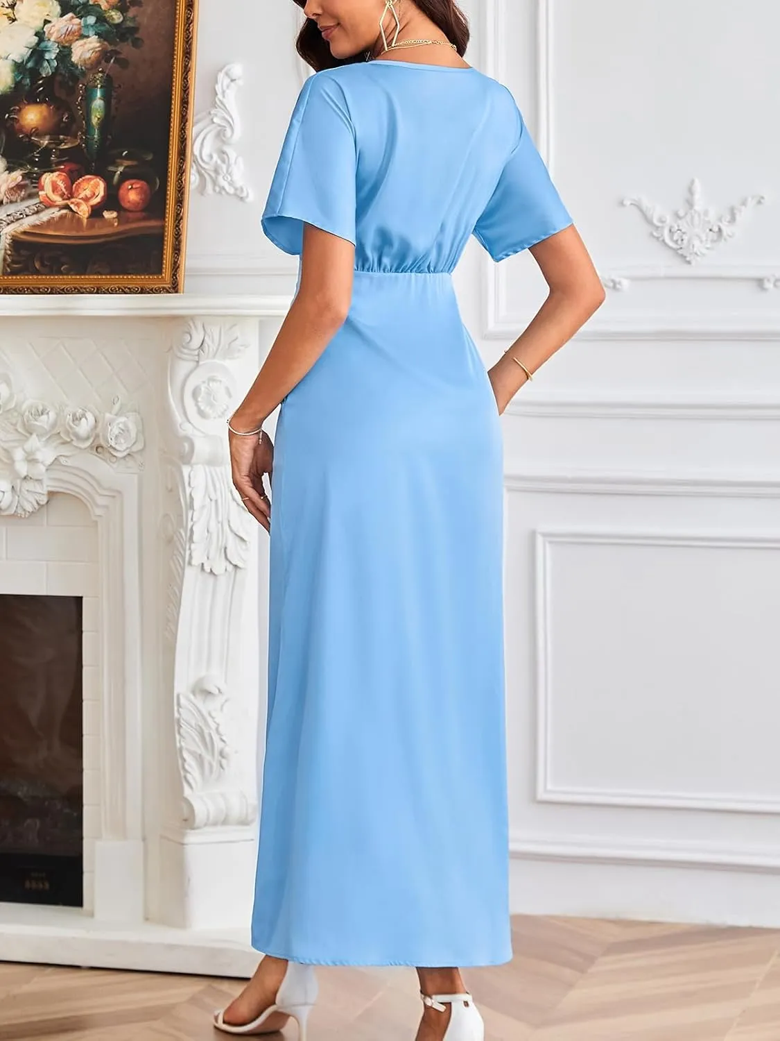 Women's 2025 Satin Dress Elegant Deep V Neck Flutter Sleeve A-Line Gown Cocktail Party Maxi Dresses
