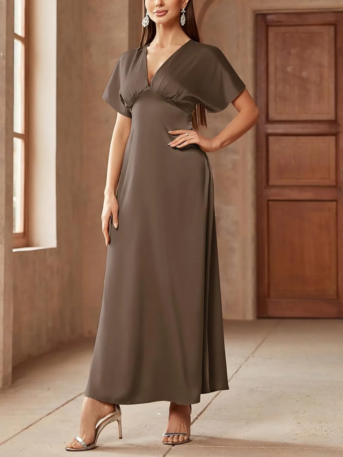 Women's 2025 Satin Dress Elegant Deep V Neck Flutter Sleeve A-Line Gown Cocktail Party Maxi Dresses