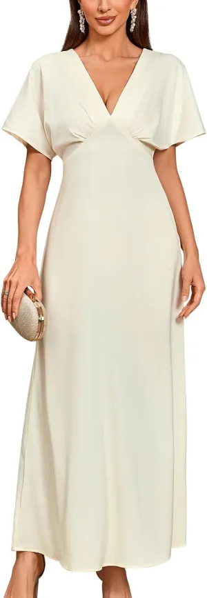 Women's 2025 Satin Dress Elegant Deep V Neck Flutter Sleeve A-Line Gown Cocktail Party Maxi Dresses