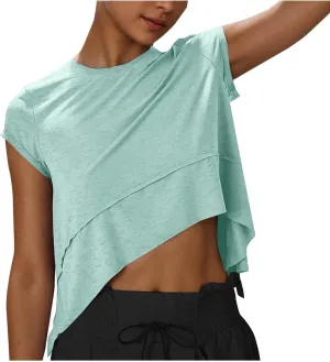 Women's Athletic T-Shirts Fashion Irregular Hem Crewneck Cap Sleeve Cropped Tops Lightweight Breathable Yoga Gym Tees