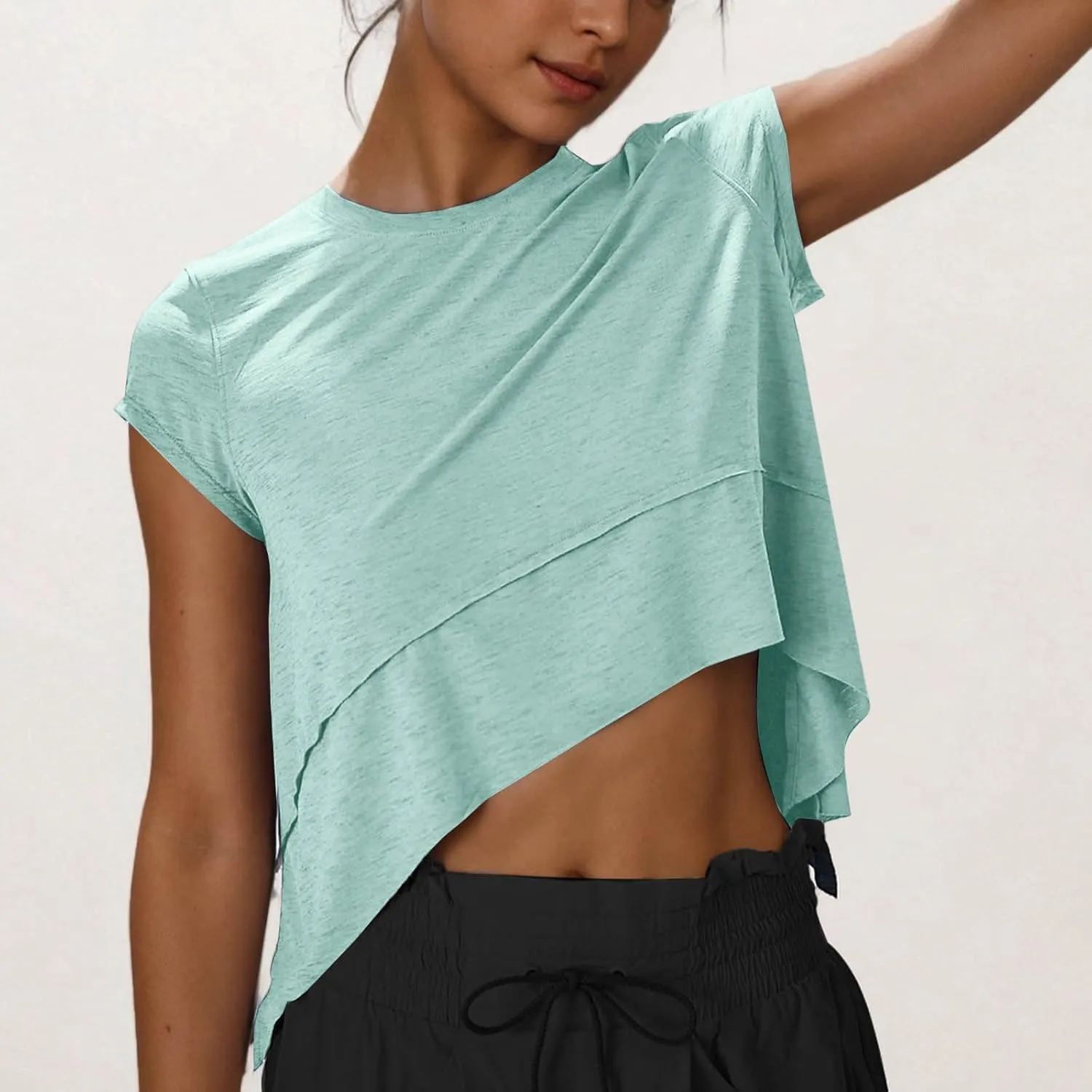 Women's Athletic T-Shirts Fashion Irregular Hem Crewneck Cap Sleeve Cropped Tops Lightweight Breathable Yoga Gym Tees