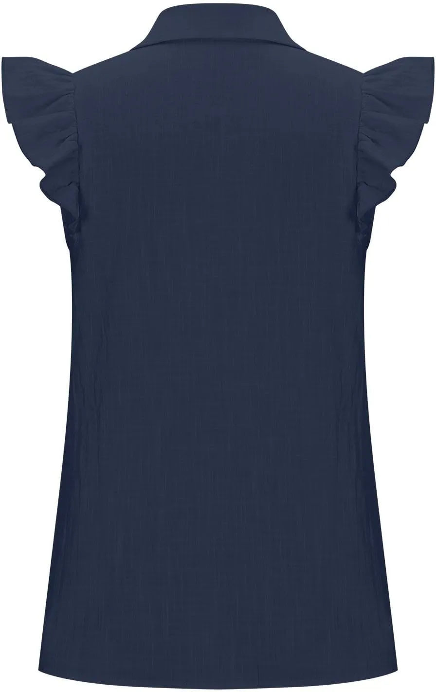 Women's Casual Ruffle Cap Sleeve Shirts Button Down V Neck Dressy Tee Tops Summer Fashion Lightweight Work Blouses