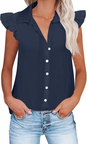 Women's Casual Ruffle Cap Sleeve Shirts Button Down V Neck Dressy Tee Tops Summer Fashion Lightweight Work Blouses
