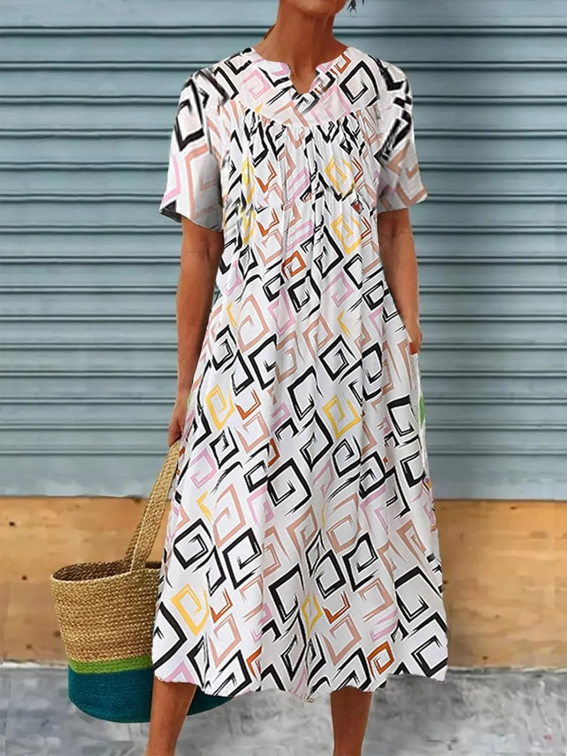Womens Cotton Boho Floral Midi Dress Loose Summer Casual Short Sleeve Beach Vacation Dress with Pockets