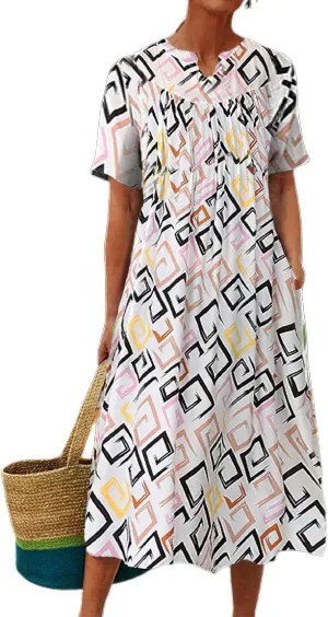 Womens Cotton Boho Floral Midi Dress Loose Summer Casual Short Sleeve Beach Vacation Dress with Pockets
