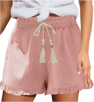 Womens High Waisted Beach Shorts Comfy Summer Drawstring Cotton Shorts Ruffle Flowy Wide Leg Short Pants with Pockets