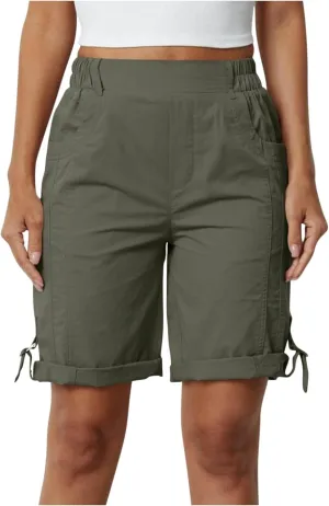 Women's Hiking Cargo Shorts with Pockets Quick Dry Lightweight Elastic High Waist Shorts Cuffed Hem Casual Summer Pant