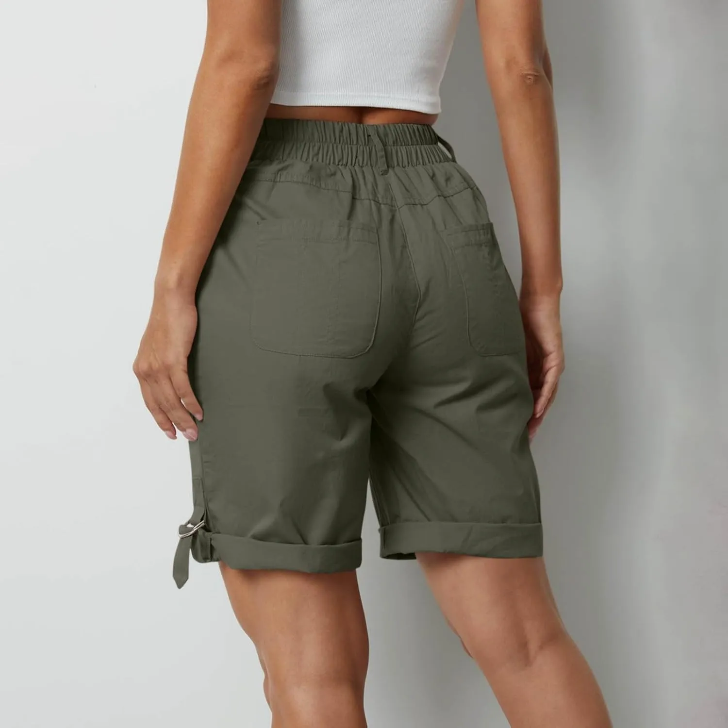 Women's Hiking Cargo Shorts with Pockets Quick Dry Lightweight Elastic High Waist Shorts Cuffed Hem Casual Summer Pant