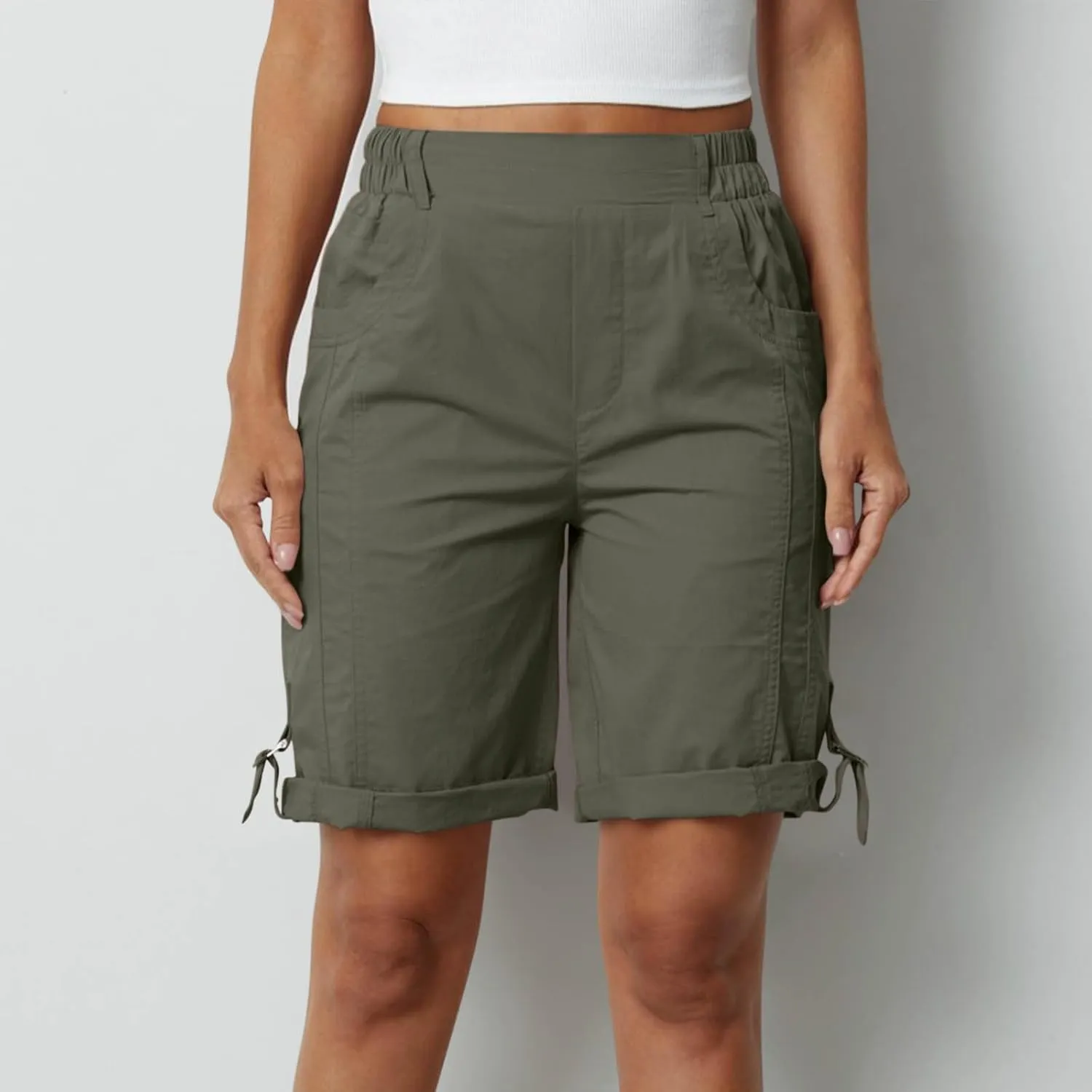 Women's Hiking Cargo Shorts with Pockets Quick Dry Lightweight Elastic High Waist Shorts Cuffed Hem Casual Summer Pant