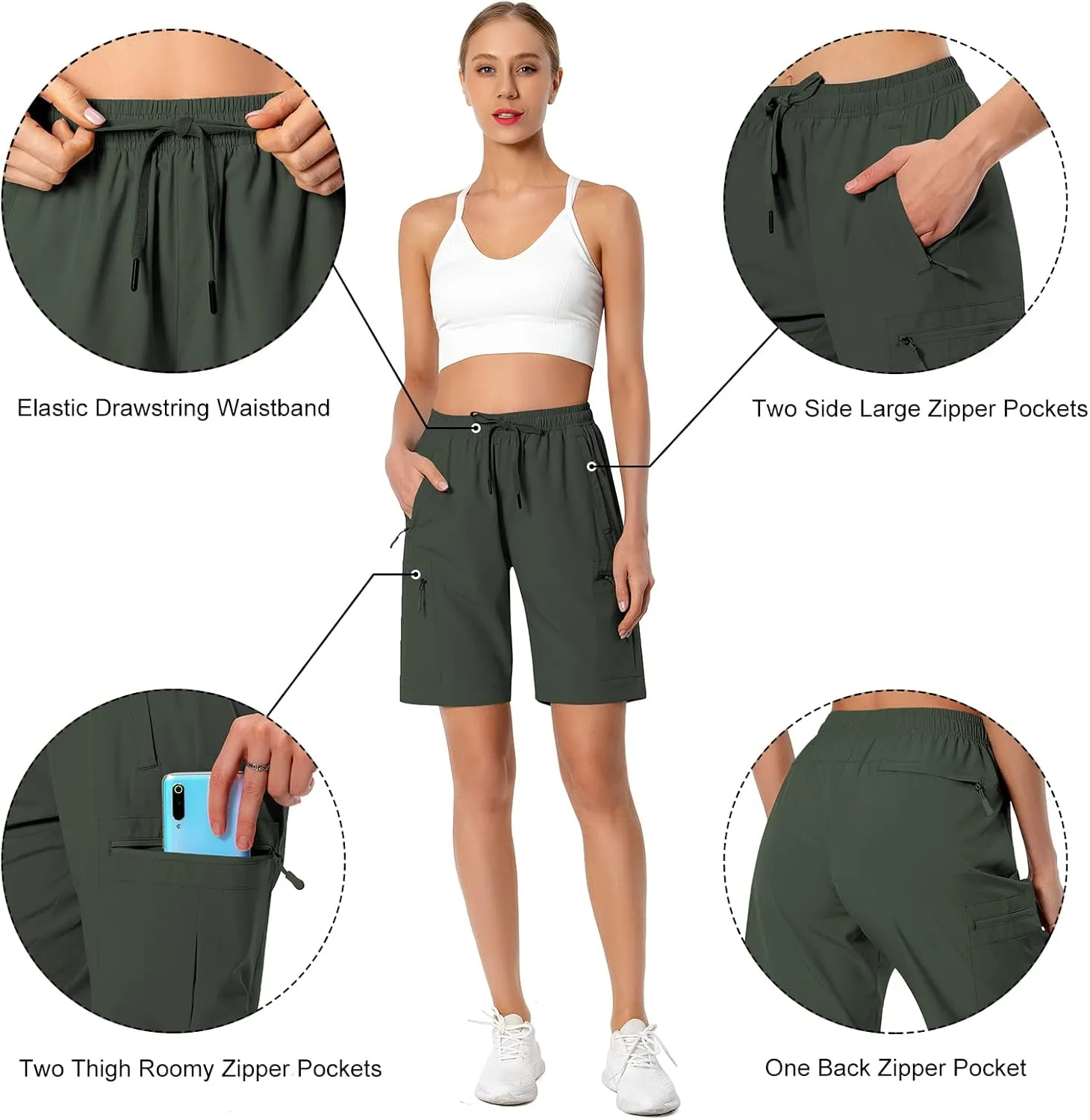 Women's Lightweight Hiking Cargo Shorts Quick Dry Athletic Shorts for Camping Travel Golf with Zipper Pockets Water Resistant