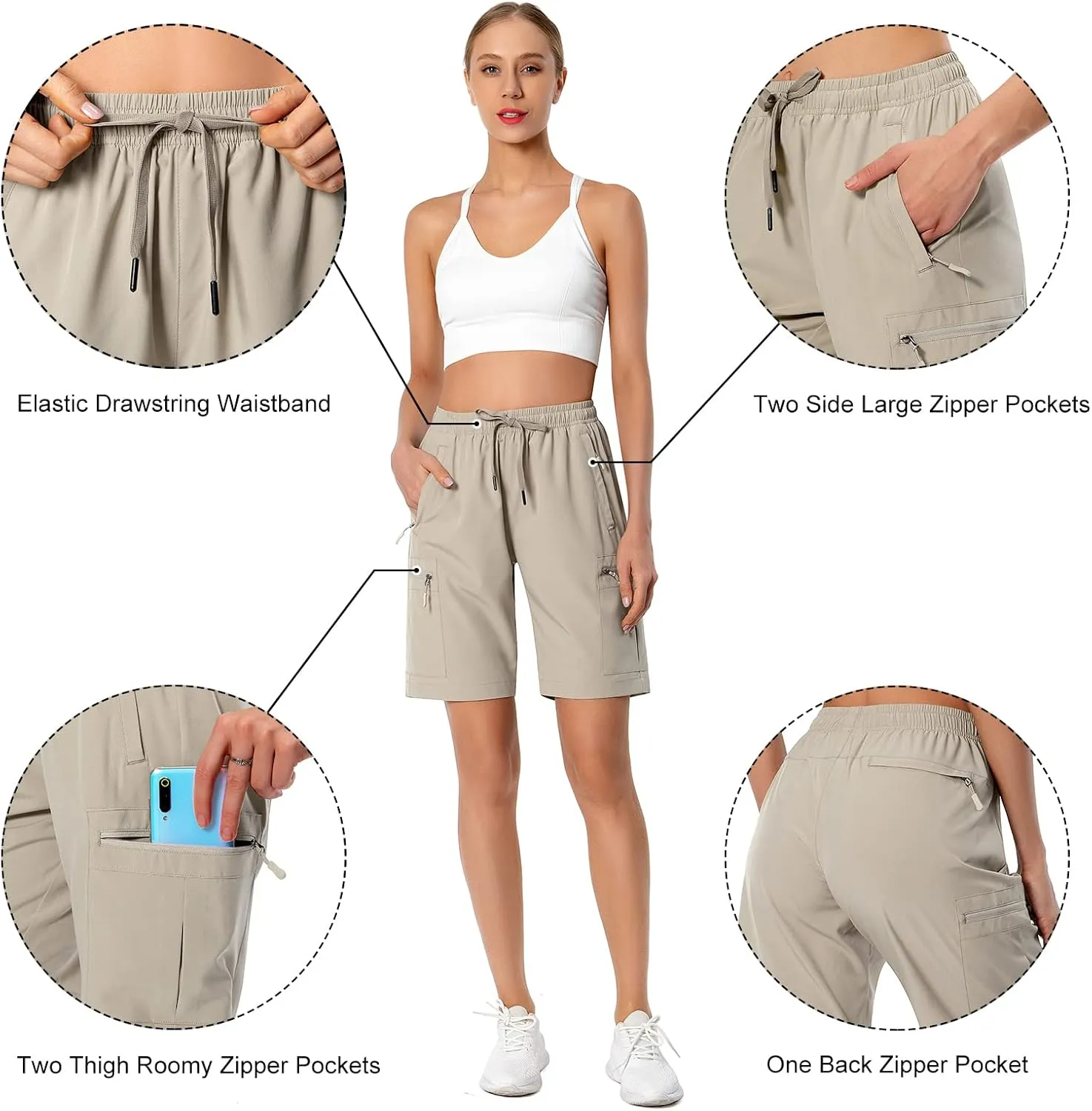 Women's Lightweight Hiking Cargo Shorts Quick Dry Athletic Shorts for Camping Travel Golf with Zipper Pockets Water Resistant