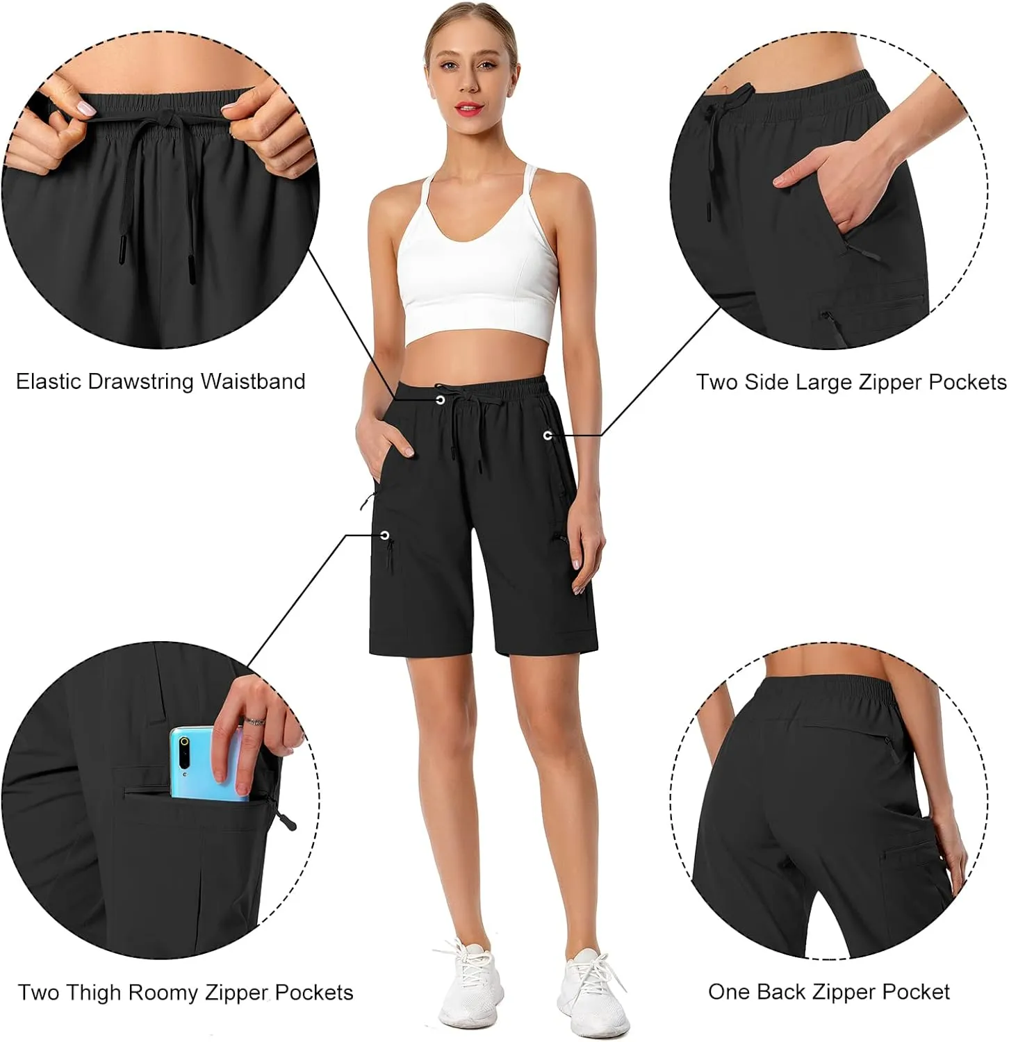 Women's Lightweight Hiking Cargo Shorts Quick Dry Athletic Shorts for Camping Travel Golf with Zipper Pockets Water Resistant