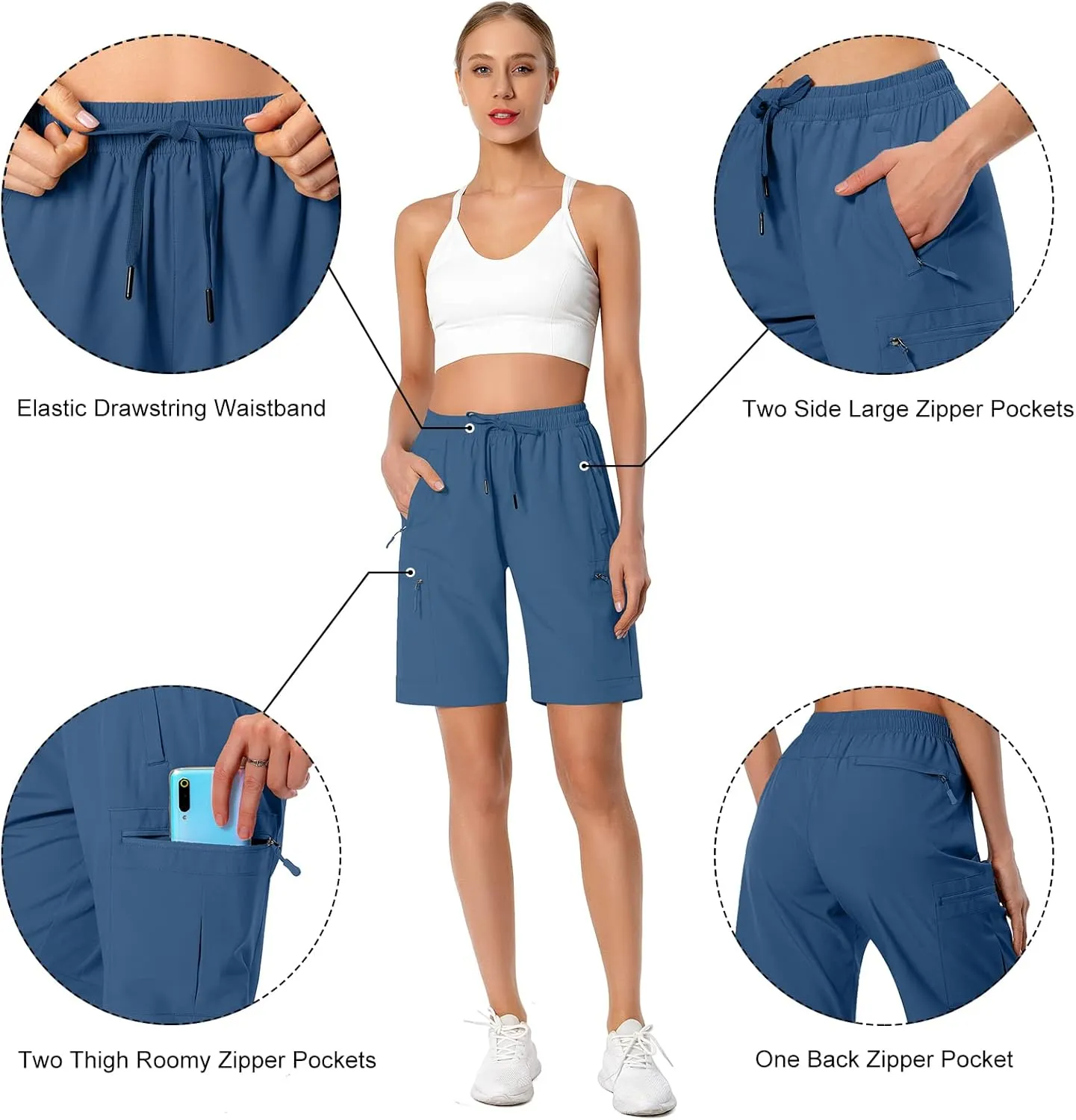Women's Lightweight Hiking Cargo Shorts Quick Dry Athletic Shorts for Camping Travel Golf with Zipper Pockets Water Resistant