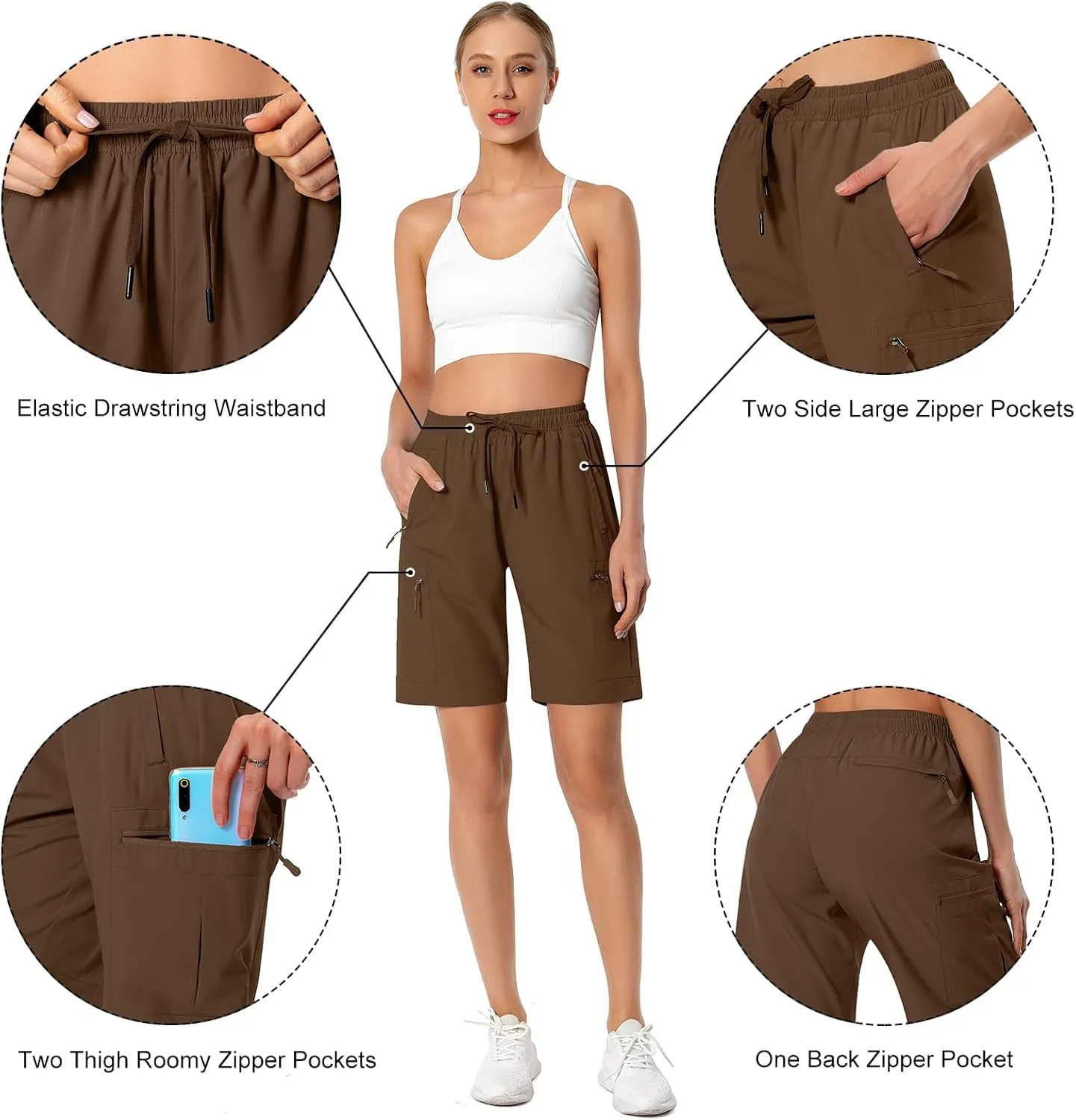 Women's Lightweight Hiking Cargo Shorts Quick Dry Athletic Shorts for Camping Travel Golf with Zipper Pockets Water Resistant