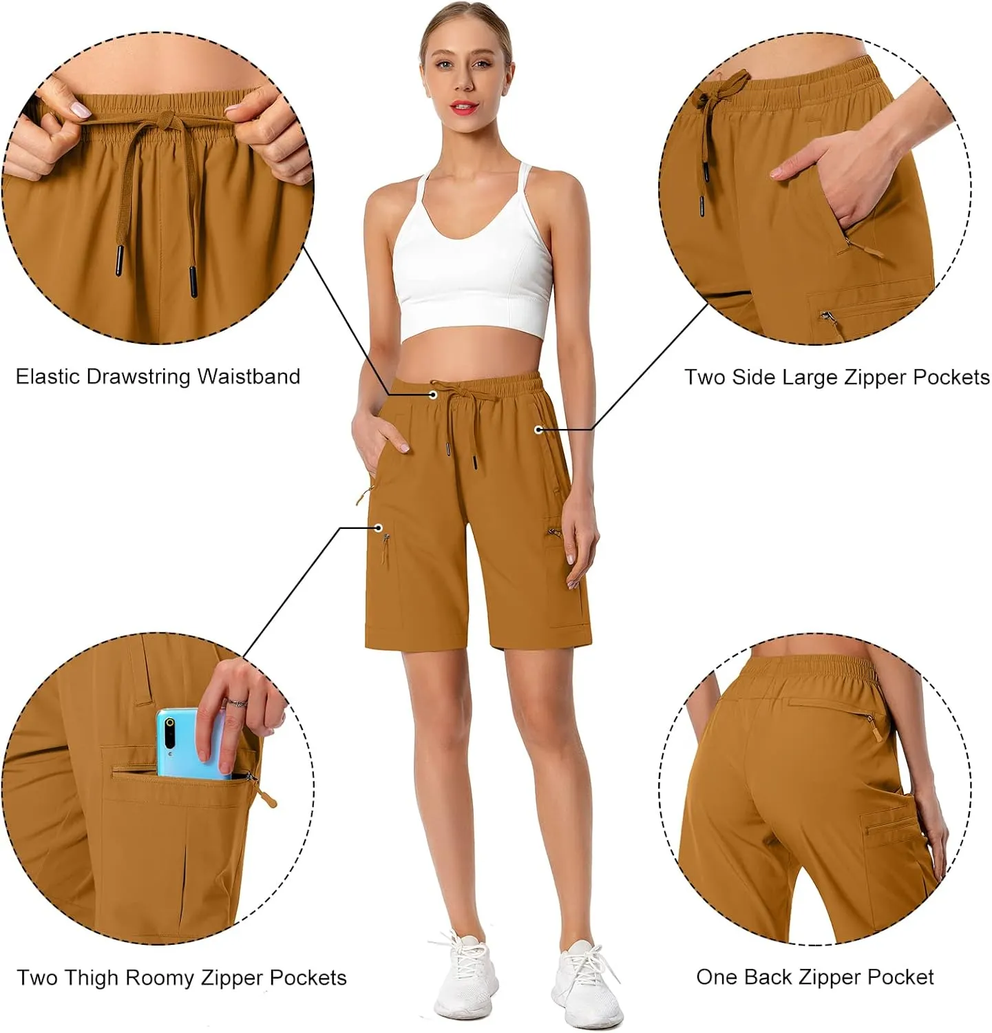 Women's Lightweight Hiking Cargo Shorts Quick Dry Athletic Shorts for Camping Travel Golf with Zipper Pockets Water Resistant