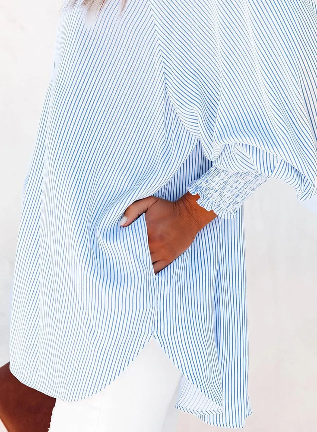 Womens Smocked Cuffed Striped Boyfriend Shirt Casual Collar Long Sleeve Oversized Button Down Blouse Tops with Pocket Shirred