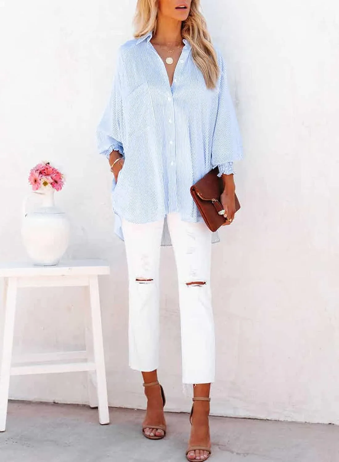 Womens Smocked Cuffed Striped Boyfriend Shirt Casual Collar Long Sleeve Oversized Button Down Blouse Tops with Pocket Shirred