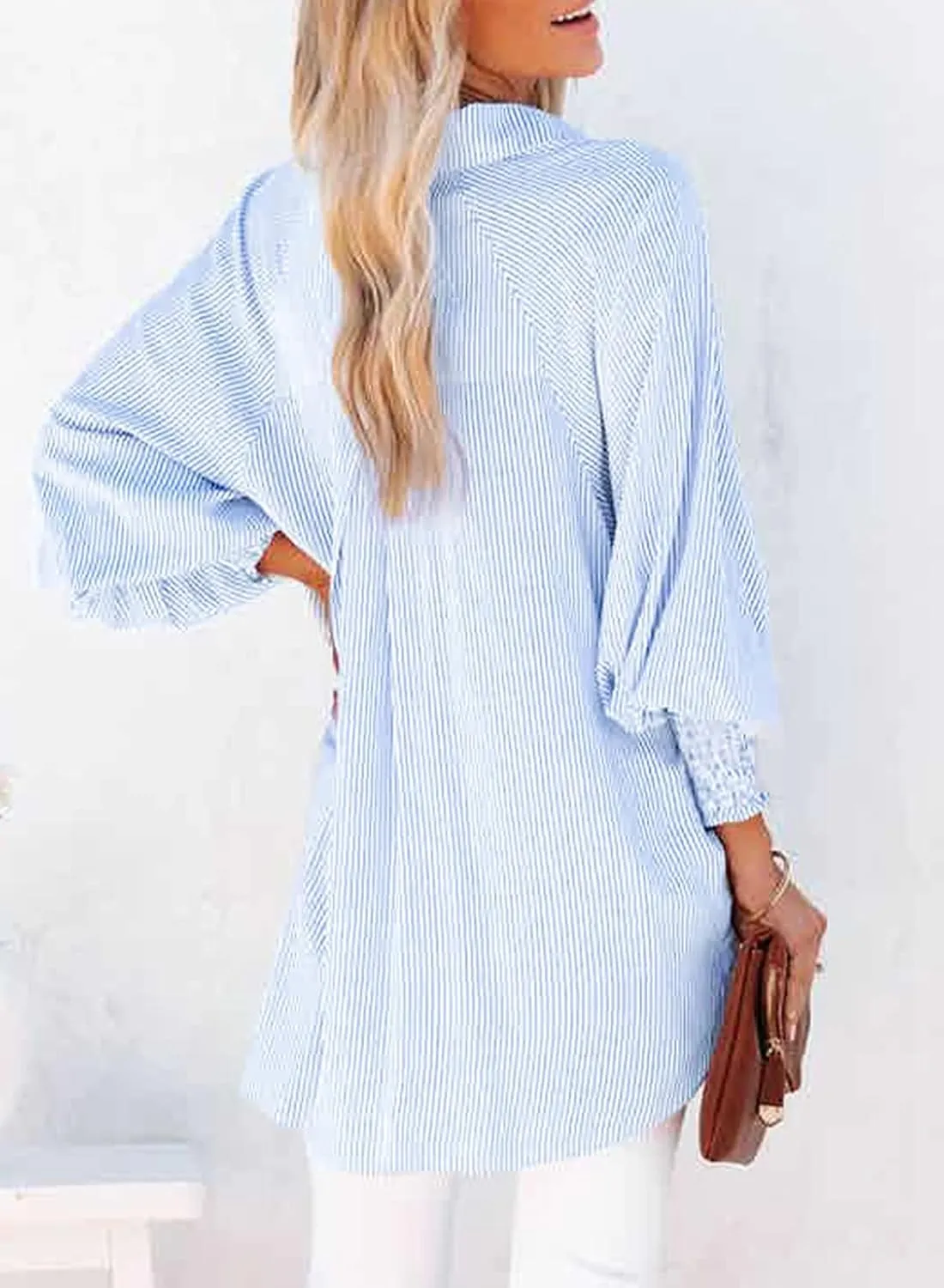 Womens Smocked Cuffed Striped Boyfriend Shirt Casual Collar Long Sleeve Oversized Button Down Blouse Tops with Pocket Shirred