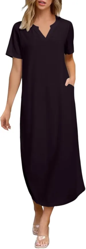 Women's Summer Casual Maxi Dress Short Sleeves V Neck Loose Split Long Beach Shirt Dresses Vacation with Pockets