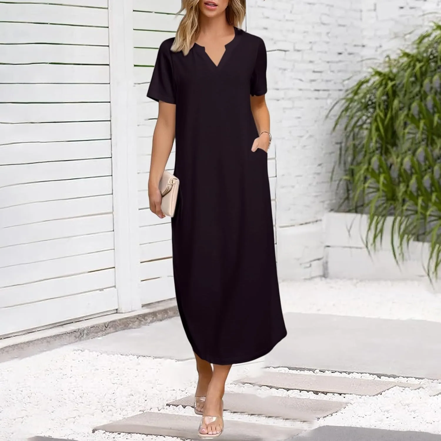 Women's Summer Casual Maxi Dress Short Sleeves V Neck Loose Split Long Beach Shirt Dresses Vacation with Pockets