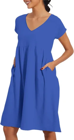 Women's Summer Dresses 2025 Beach Casual Deep V Neck Loose Short Sleeve Mini Sundress with Pockets