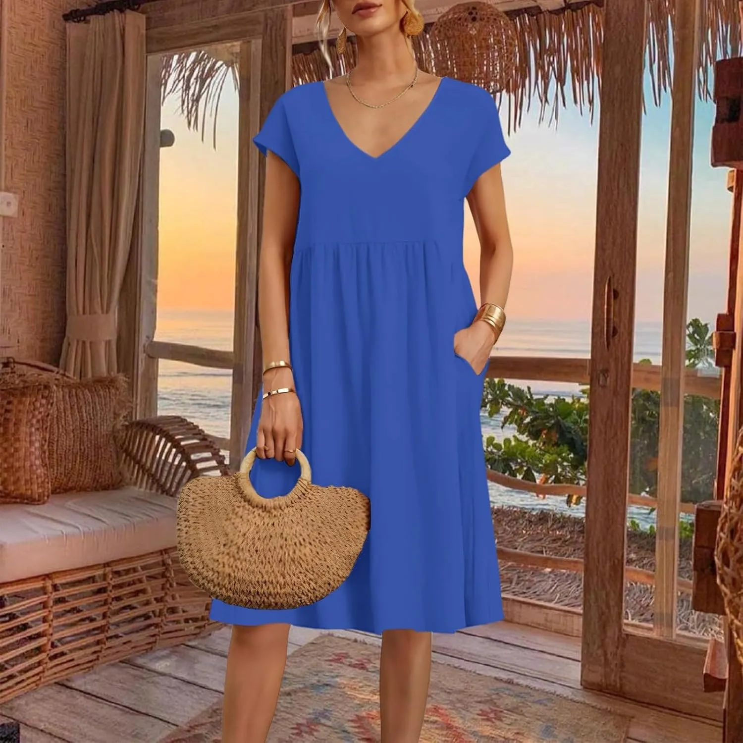 Women's Summer Dresses 2025 Beach Casual Deep V Neck Loose Short Sleeve Mini Sundress with Pockets