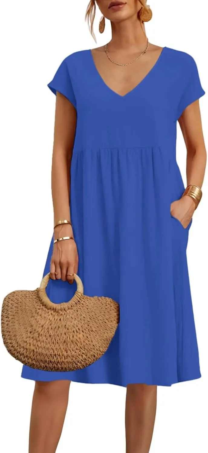 Women's Summer Dresses 2025 Beach Casual Deep V Neck Loose Short Sleeve Mini Sundress with Pockets